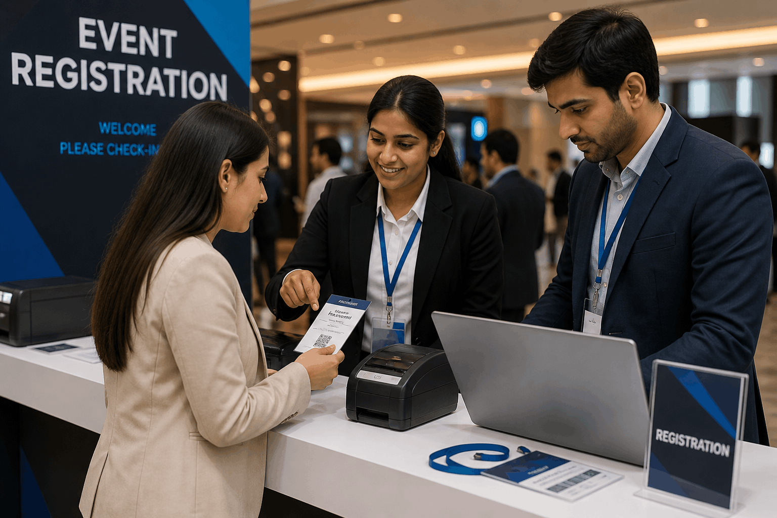 Event registration desk setup with staff assisting attendees at corporate event in Ahmedabad