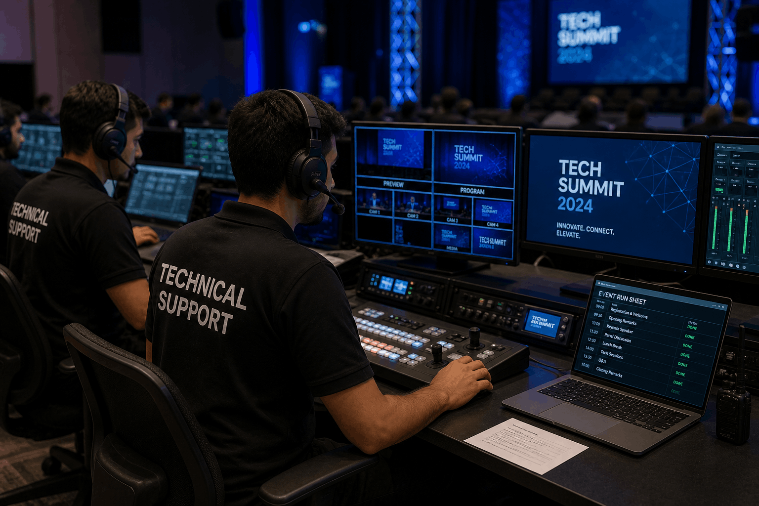 Event control room with technical support team managing AV systems and live production