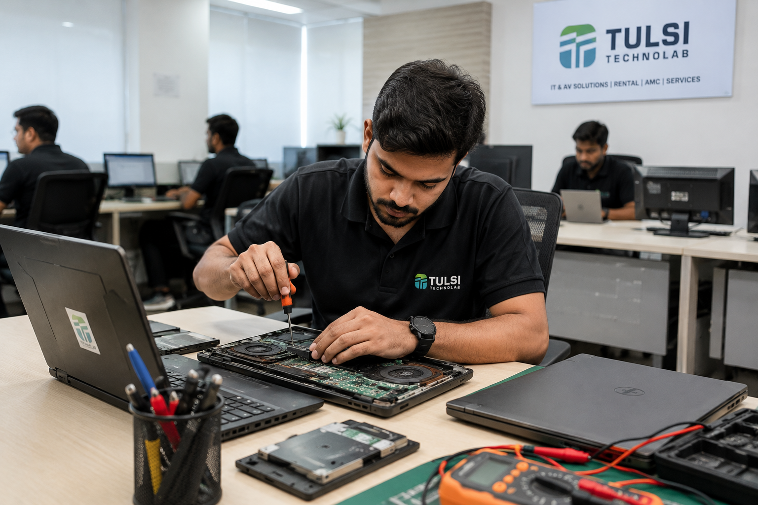 Laptop repair and IT support engineers working in Ahmedabad office