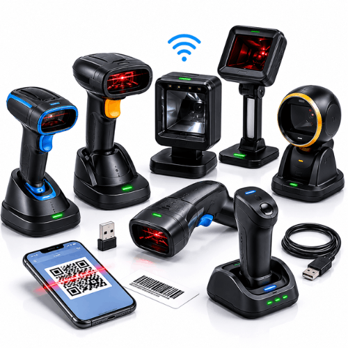 Wireless barcode scanner and QR code scanner rental devices on white background for retail warehouse and event registration