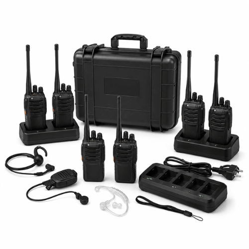 Walkie talkie rental devices with accessories and charging station for event and security communication in Ahmedabad